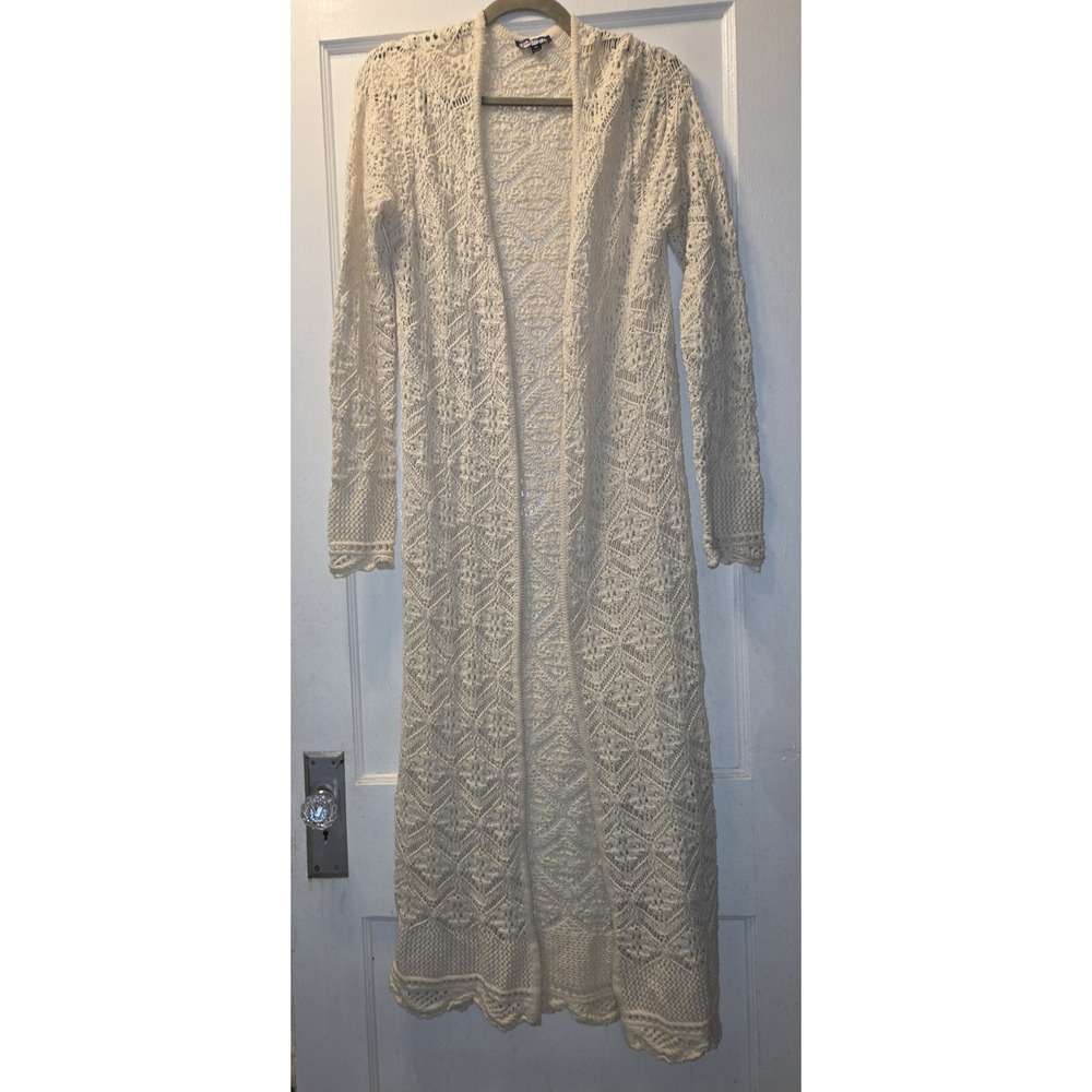Freshman 1996 Crochet Open Long Sleeve Cardigan Sweater Beige Geometric M